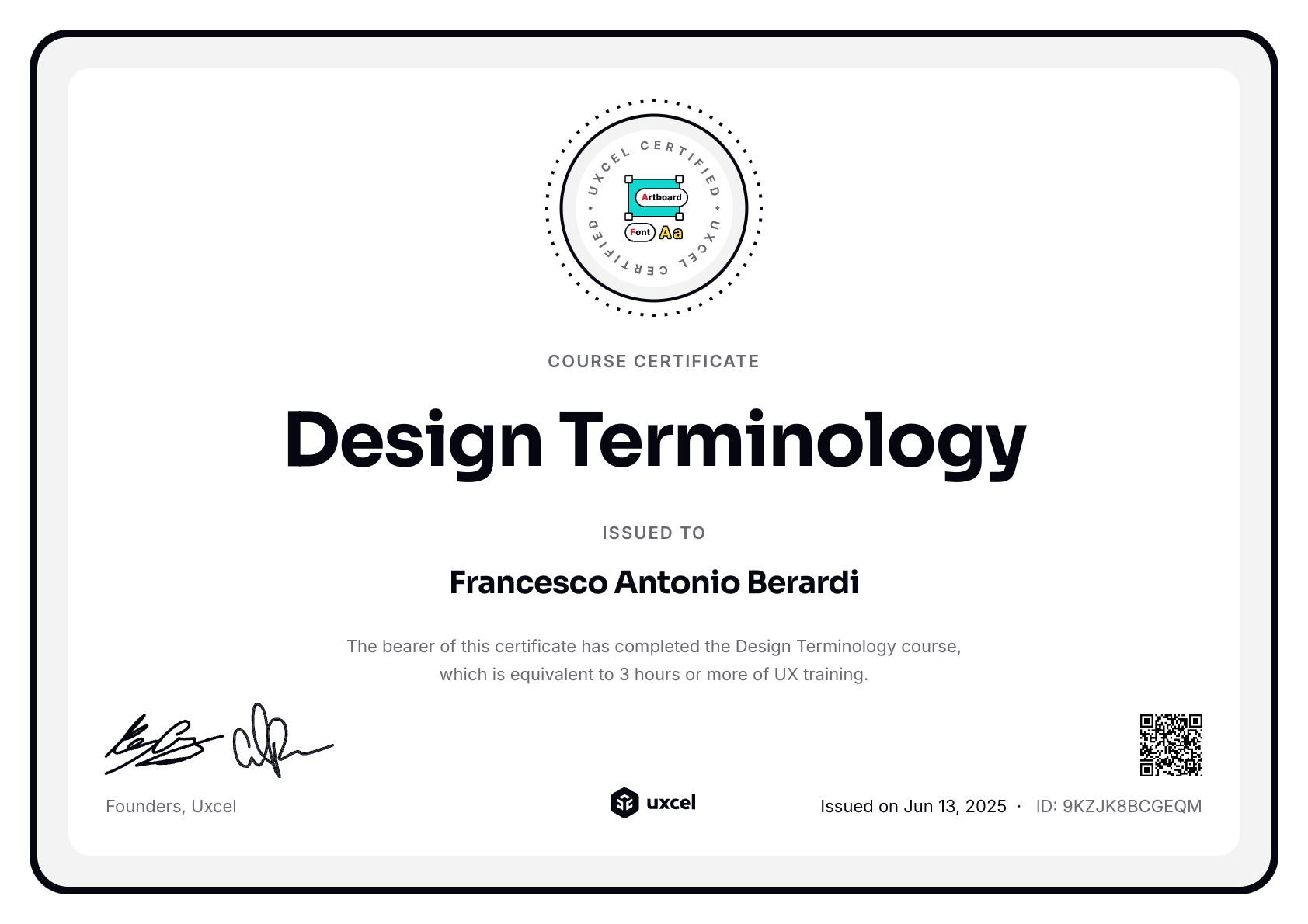 Francesco Antonio Berardi's certificate